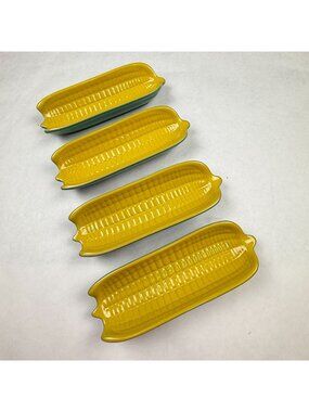 Le Creuset Corn-On-Cob Dishes Fennel & Dijon Set Of 4 Stoneware Serving Trays